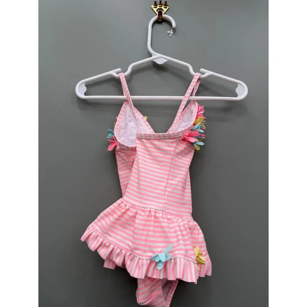 Little Me Baby Girls 18M Pink Stripe 3D Floral Ruffle One Piece Swimsuit